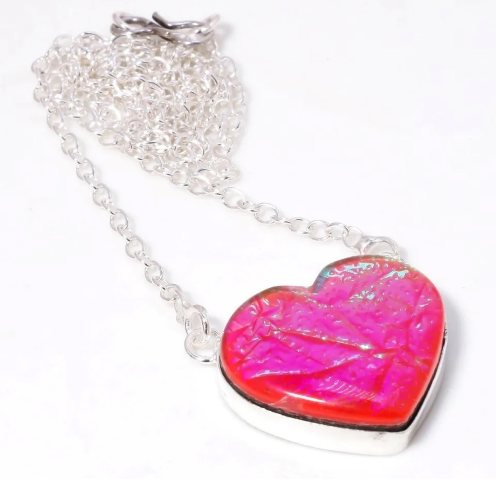 Pink Australian Triplet Opal Heart Gemstone Chain Pendant Silver Necklace 22.5”